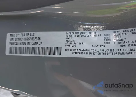 2025 Chrysler Pacifica Select из США, поврежденный, VIN 2C4RC1BG9SR532306